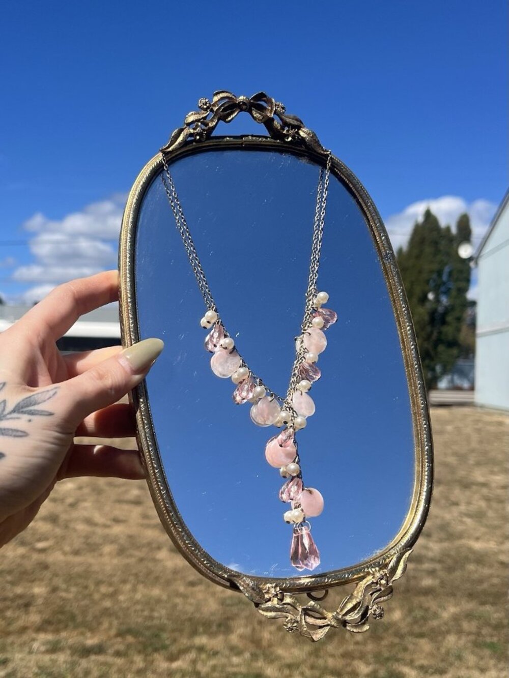 VTG Y2K Pink Beaded Y Drop Necklace Faux Pearl Silver Tone Romantic Coquette